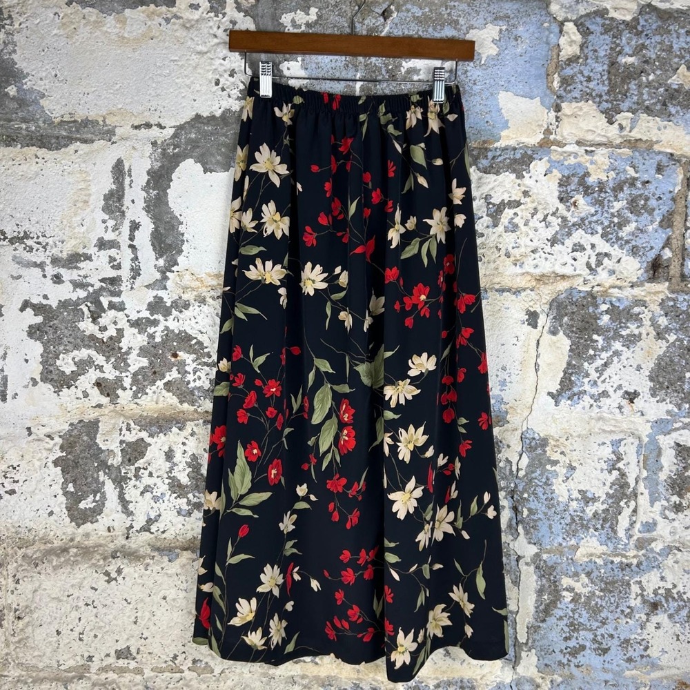 Vintage Southern Lady Floral Maxi Skirt Black Red Elastic Waist USA Made Medium
